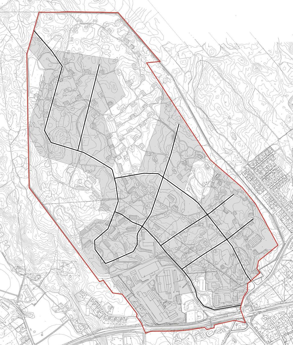 19 KUVA 16: Yleissuunnitelma pohjakartalla. Kuvassa on esitetty teollisuuden korttelialueet harmaalla ja katulinjaukset mustalla.