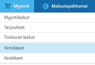 Laskun muotoilu: 7. Myyntinimikkeet Myynnit > Nimikkeet Myyntilaskun riveille syötetään nimikkeitä. Myyntinimikkeet ovat yrityksesi myymiä tavaroita ja palveluja.