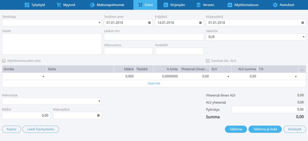 Syötä ostolaskun päivämäärä, numero ja muut tiedot. Voit valita, syötätkö laskun bruttohintaisena (rastita ruutu summat sis. alv ). Tällöin ohjelma laskee laskun bruttohinnasta arvonlisäveron.