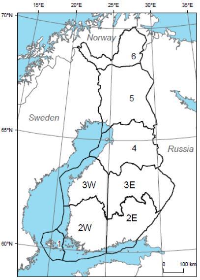 Kuva 1. Kahden (v=f(d,h)) ja kolmen (v=f(d,h,d6)) tunnuksen tilavuusmallien suhteellinen erotus, % kolmen tunnuksen mallin tuloksesta, Suomen eri osissa.