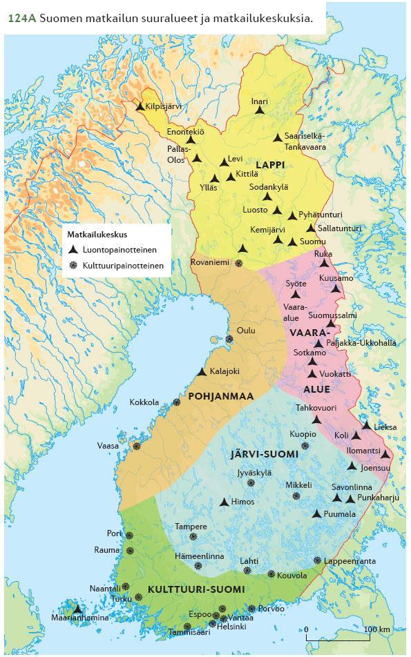 Suomen matkailun suuralueet ja matkailukeskuksia Kuva 124A 1.