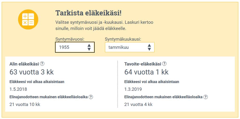 - Alin vanhuuseläkeikä ja elinajanodotteen mukainen eläkkeelläoloaika -