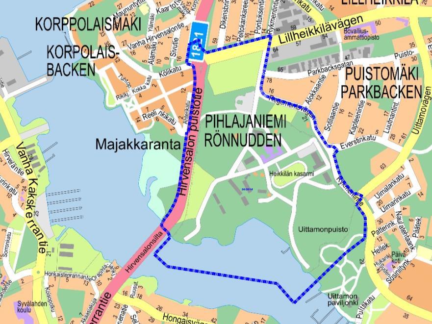 Asemakaavanmuutos laaditaan Pihlajaniemen, Korppolaismäen, Puistomäen ja Uittamon kaupunginosiin yllä olevan kartan mukaisen sinisen rajauksen sisälle.