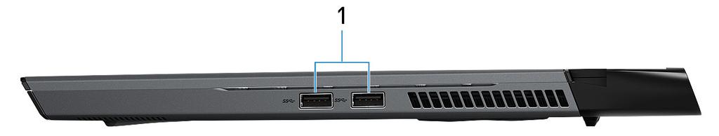 Vasen Alienware m15 R2 -tietokone eri suunnista 2 1. Suojakaapelin paikka (kiilamainen) Suojakaapelin kytkemiselle tietokoneeseen luvattoman siirtämisen estämiseksi. 2. Verkkoportti Kytke Ethernet (RJ45) -kaapeli reitittimestä tai laajakaistamodeemista voidaksesi käyttää verkkoa tai Internetiä.
