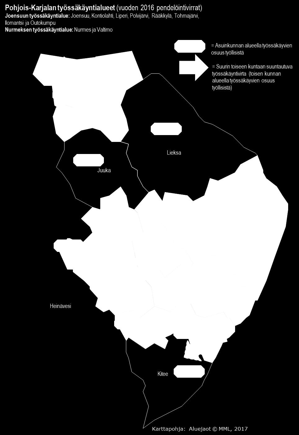 Kartta 1. Pohjois-Karjalan työssäkäyntialueet 2016 Lähde: Tilastokeskus, Elinkeinorakenne ja työssäkäynti Pendelöinti Joensuuhun on lisääntynyt huomattavasti.