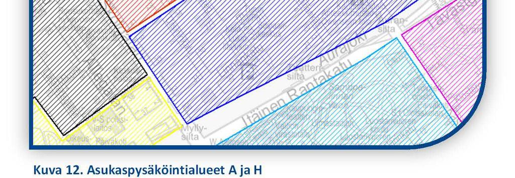 Tällä alueella asiointipysäköinti on etusijalla ja pysäköintipaikoista on suurta kilpailua. Tämän vuoksi alueilla A ja H asukaspysäköintiluvan tulee olla kallein.