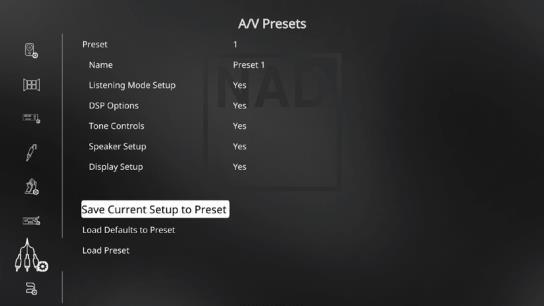 Speaker Configuration: Esimerkki alavalikosta, jossa valitaan kaiuttimien koko 2. Valitse Setup Menu -valikosta kohta A/V Presets ja paina. 3.