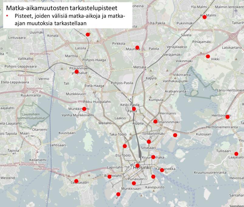 Matka-aikamuutokset aamuliikenteessä Matka-aikatarkastelut on tehty aamuhuipputuntiliikenteen osalta esimerkkipisteiden välillä.