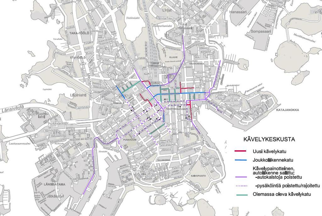 Tarkasteluvaihtoehtojen ajoyhteydet Kaikissa vaihtoehdoissa on sama kävelykeskusta, jossa Esplanadit ovat yksisuuntaisia yksikaistaisia katuja.