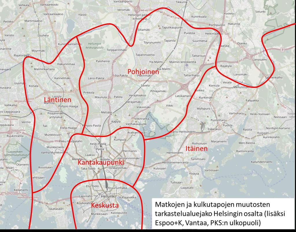 Matka- ja kulkutapamuutokset alueittain Vaihtoehtojen vaikutuksia ei alueiden välisiin arkivuorokauden matkamääriin ja kulkutapajakaumiin on tarkasteltu Helsingin osalta 5 alueen ja muun seudun