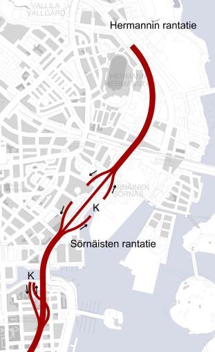 Muuten sama kuin 1, mutta maanalainen kokoojakatu jatkuu Sörnäistentunneliin (pitkä itäpää). Vaihtoehto 3 Muuten sama kuin ve 1, mutta peruspoikkileikkaus on 1+1 kaistaa, ja nopeustaso on 40 km/h.
