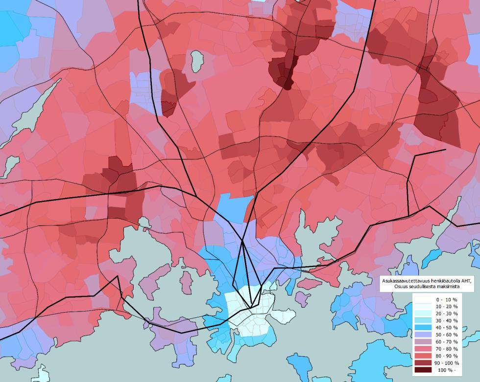 Saavutettavuus ve 0+ henkilöautolla Työvoiman/asukkaiden saavutettavuus