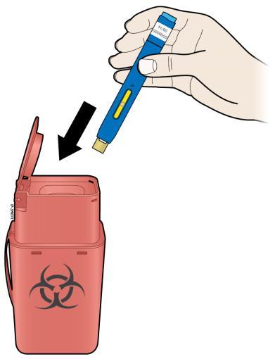 Vaihe 4: Kun lääke on pistetty K. Hävitä käytetty esitäytetty kynä ja keltainen suojakorkki. Laita käytetty esitäytetty kynä teräville jätteille tarkoitettuun keräysastiaan heti käytön jälkeen.