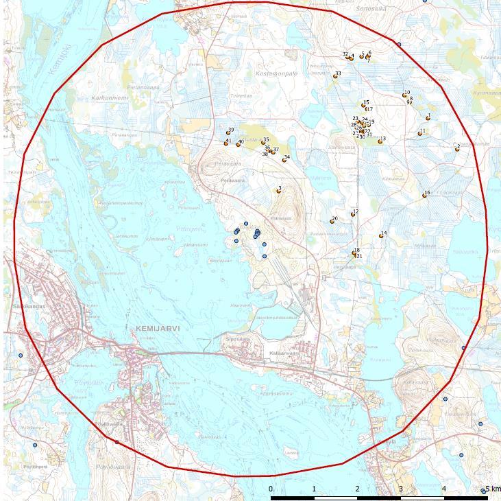 Kuva 5. Lähteet 5 km säteellä hankealueesta.
