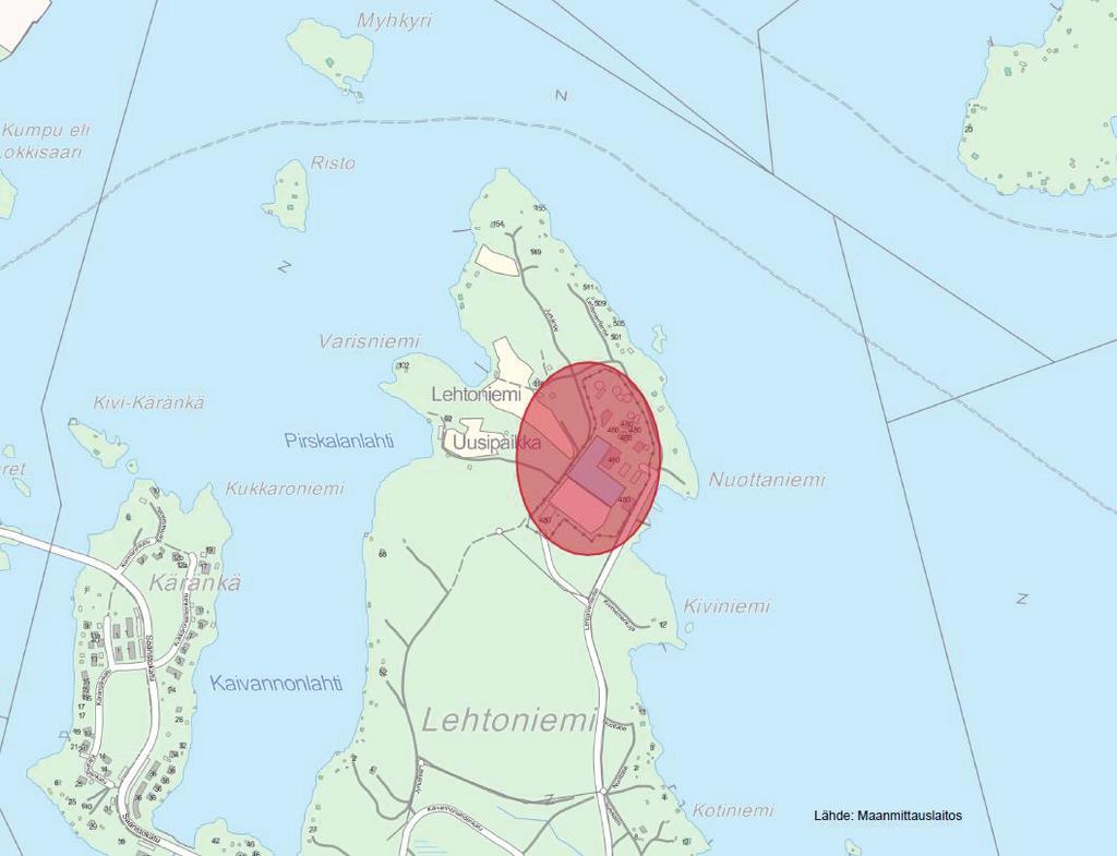 FCG SUUNNITTELU JA TEKNIIKKA OY Raportti 2 (12) Kuva 2. Lehtoniemen jätevedenpuhdistamon sijainti tarkemmin.