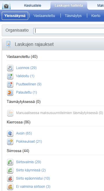 2.2 Laskujen hallinnan yleisnäkymä Yleisnäkymän kautta löytyy yhteenveto organisaation ostolaskuista ja lukumääristä: VASTAANOTETTU: (kierronvalvojilla muokkausoikeus) Luonnos: Laskut, jotka tehty