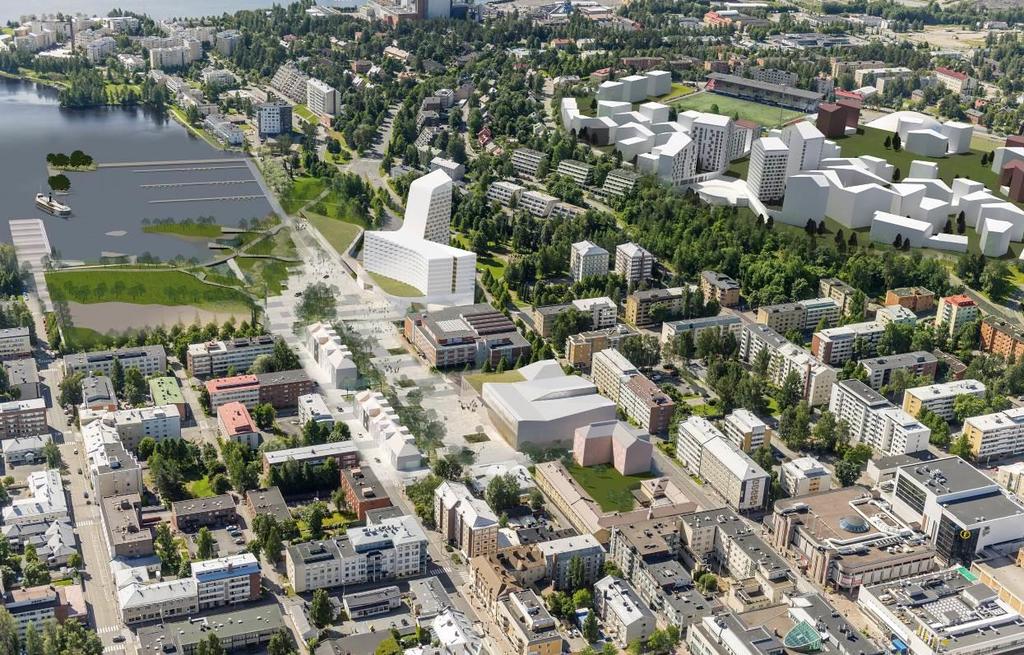 HOTELLI- JA KONGRESSIKESKUS 22 puolen tontilla. Kongressi- ja hotellikeskus sijoittuu musiikkikeskuksen eteläpuolelle yhdistyen musiikkikeskuksen lämpiöön lasisella yhdyssillalla.