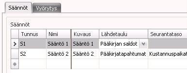 2 Sääntöjen ylläpito Käynnistettyäsi Vyörytys-sovelluksen valitse ensin yritys ja sen jälkeen välilehti Säännöt. Vyörytyksen säännöt. 2.2.1 Uusi sääntö Kullekin ylätaulukon säännölle sinun tulee luoda yksi tai useampi lähderivi (Lähdetaulukko) ja kohderivi (Kohde-taulukko).