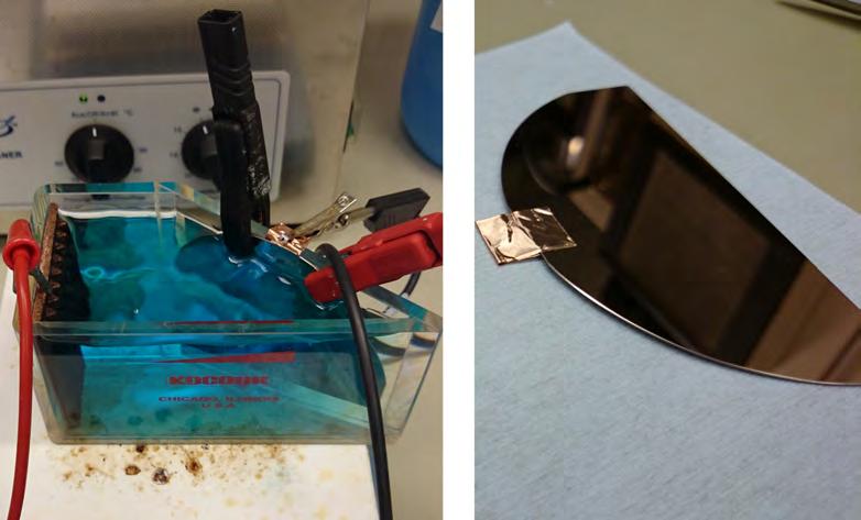 60 Figure 35: The high purity samples were electroplated using a hull cell. The wafers were cut into two halves and a piece of copper-tape was attached to the edge for the electrical contact. 7.