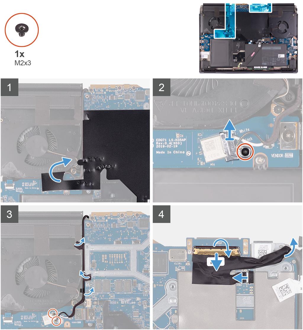 2. Irrota rungon suojus. 3. Irrota I/O-takasuojus. HUOMAUTUS Näyttökokoonpano on Hinge-up Display (HUD), jonka asennusta ei voi purkaa tämän enempää.