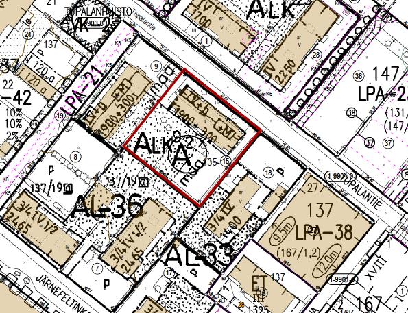 7 Ote voimassa olevasta asemakaavasta. Kaava-alue rajattu punaisella. Alueelle laaditut asemakaavaluonnokset Luonnos asemakaavan muutokseksi on valmistunut 30.11.2017.