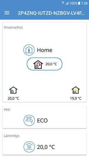 Kotinäyttö EcoNordic WH4/W4 1 2 3 4 5 6 7 8 - Koskee vain mallia WH4 Kotinäyttö on ensimmäinen sivu, joka avautuu, kun olet muodostanut yhteyden tuotteeseen. Kaikki arvot ovat hetkellisiä arvoja.