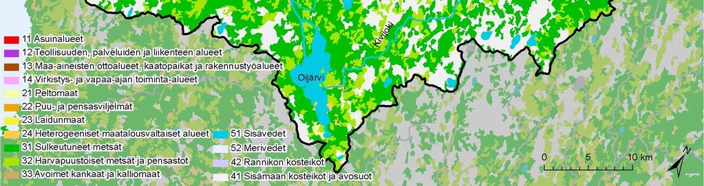 Maankäyttö Kuivajoen vesistöalueella (Corine 2000) Maankäyttöluokka Pinta-ala [ha] % Rakennetut alueet 1 294 1,0 % Maatalousalueet 2 797 2,1 % Metsät sekä avoimet kankaat ja kalliomaat 91 133 67,2 %