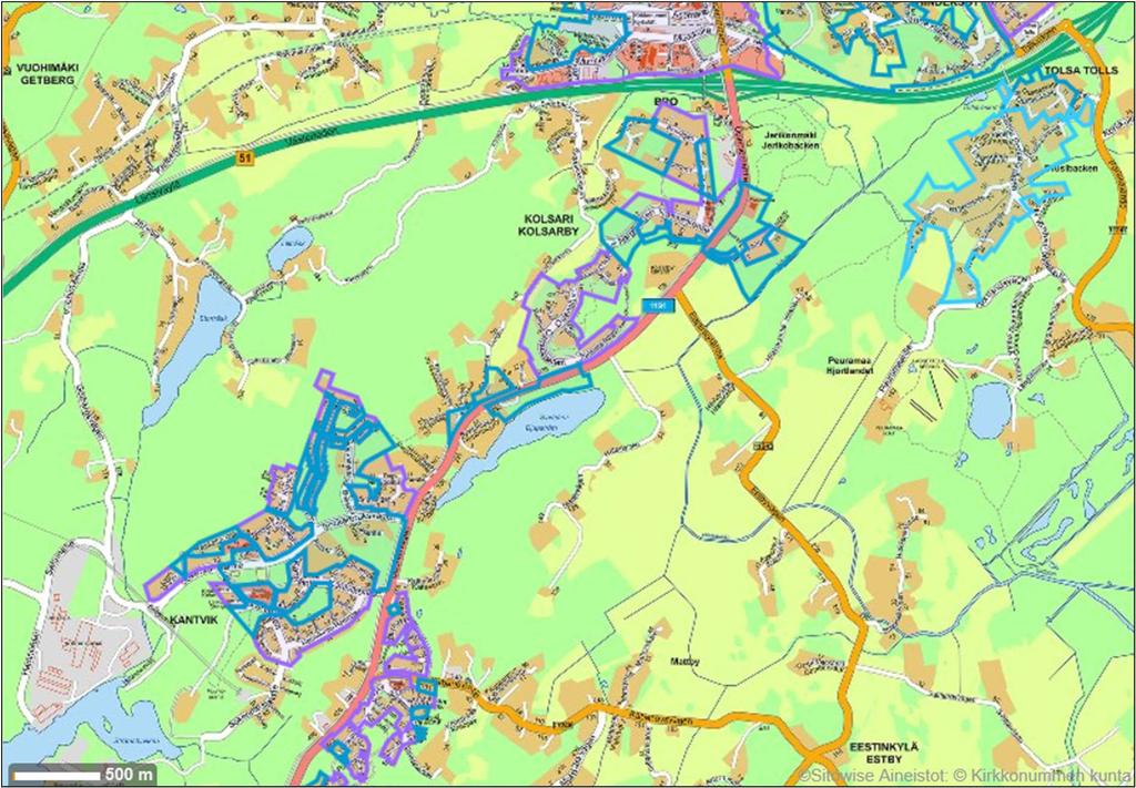 Kuva 3. Kirkkonummen vesihuollon toiminta-alueet Syväjärven (keskellä) alueella. Turkoosi rajaus on vesi- ja viemäriverkosto, lila rajaus hulevesiverkosto.