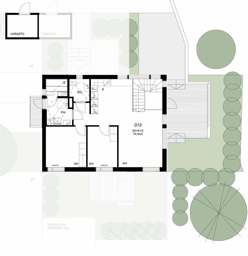 3huonetta & keittiö ja sauna 74,5 m2 1-kerroksen asuntoon JM