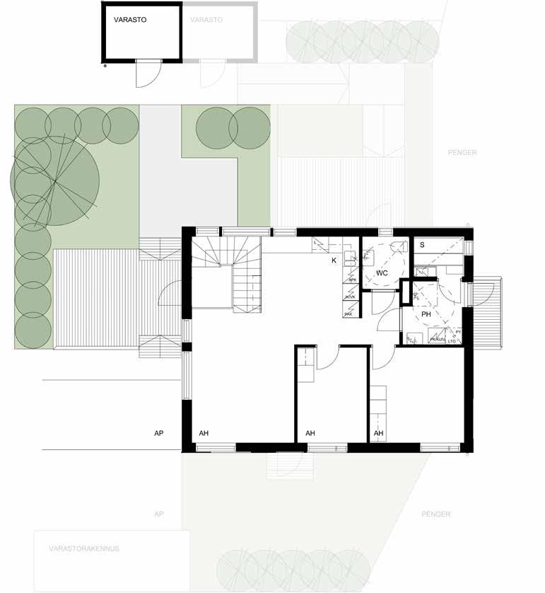 3huonetta & keittiö ja sauna 74,5 m2 1-kerroksen asuntoon Sisäänkäynti