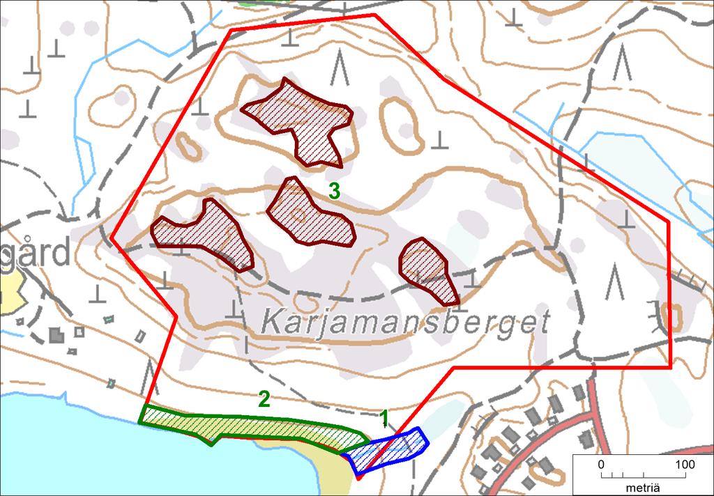 Kuva 8. Asemakaava-alueen luontokohteet. 1 = noro lähiympäristöineen, 2 = Grundträsketin ranta-alue, 3 