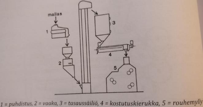 23 (86) KUVA 12. Maltaan käsittely ja rouhinta. (Enari & Mäkinen 2014). 4.1.1 Kuivarouhemyllyt Kuivana rouhittaessa mallas kuljetetaan useiden valssiparien läpi.