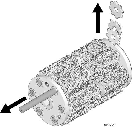 Irrotus (karbiditerät/karbidijyrsinterät) 1. Irrota rumpu (lue kohta Rummun vaihto, sivu 7). 2. Irrota kolme pulttia rummun molemmilta puolilta. Irrota päätylevyt.