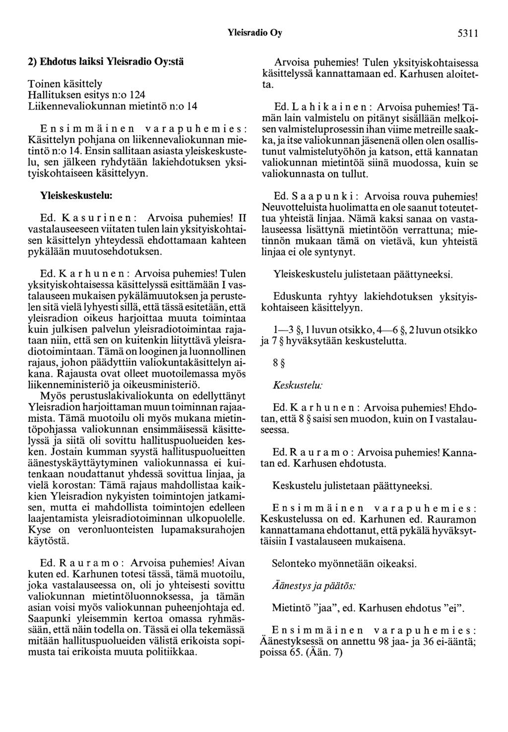 Yleisradio Oy 5311 2) Ehdotus laiksi Yleisradio Oy:stä Hallituksen esitys n:o 124 Liikennevaliokunnan mietintö n:o 14 Käsittelyn pohjana on liikennevaliokunnan mietintö n:o 14.