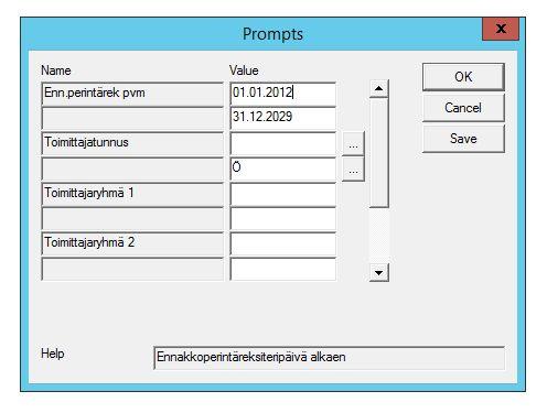 Prompts- ikkunaan jätetään päivämääräväli, jonka voi halutessaan muuttaa alkamaan aiemmin. Wintime tuo raportille kaikki ne toimittajat, joilla on y-tunnus. Huom!