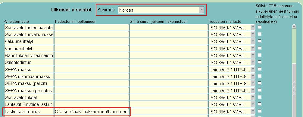 Valitse Ulkoiset aineistot -osion Sopimus-alasvetovalikosta sopimuspankki, johon olet aineiston lähettämässä.