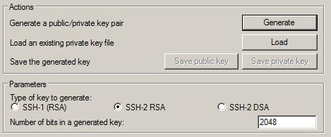 Siirtoavaimen muodostaminen voidaan tehdä WinSCP sovelluksella seuraavalla tavalla. Käynnistä "Tools"-valikosta "Run PuTTYgen". Valitse avautuvan ikkunan alareunasta SSH-2 RSA.