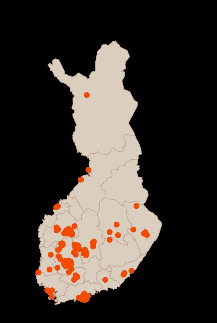 paikkakuntaa: Espoo Hamina Hämeenlinna Iisalmi Järvenpää Lahti Karhula