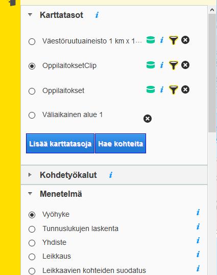 Analyysi-ikkuna: vyöhyke-työkalu Luodaan äsken valittujen karttatasojen ympärille 1000 metrin