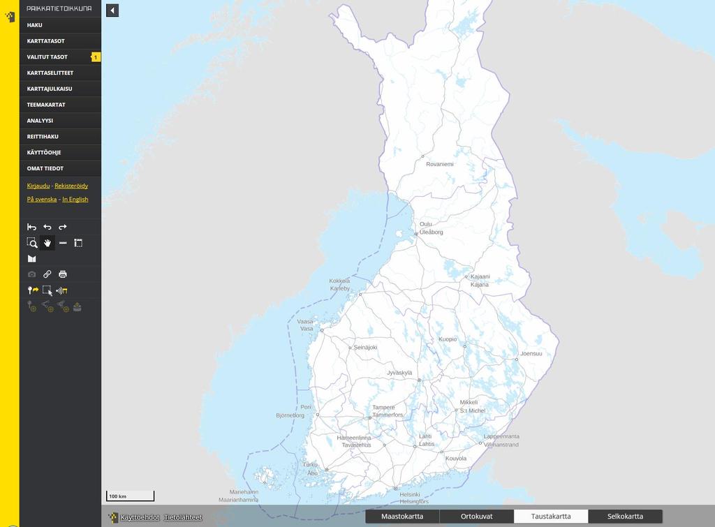 Paikkatietoikkunan käyttöliittymä Kun avaat Paikkatietoikkunan, aloitusnäkymä näyttää tältä Karttatasot valikosta voit valita kartalle näkyviin uusia karttatasoja Valitut tasot valikosta löytyy lista