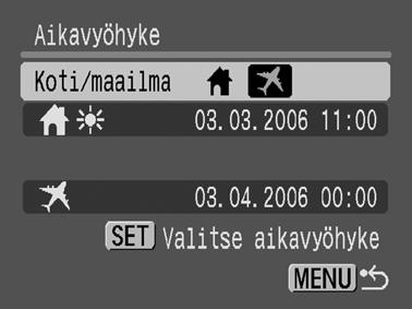 Siirtyminen kohteen aikavyöhykkeeseen. 1 (Asetukset) -valikko [Aikavyöhyke]. Katso Valikot ja asetukset (s. 26).