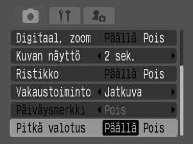 Kuvaaminen Pitkä valotus -tilassa Kuvaustila Voit määrittää suljinnopeuden hitaaksi, jolloin tummat kohteet näyttävät kirkkaammilta. 1 (Kuvaus) -valikko [Pitkä valotus] [Päällä].