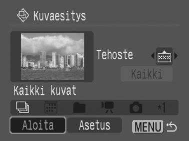 3 Valitse [Aloita] ja paina - painiketta. Seuraavat toiminnot ovat käytettävissä kuvaesityksen aikana. - Kuvaesityksen keskeyttäminen tai jatkaminen: paina FUNC./ SET-painiketta.