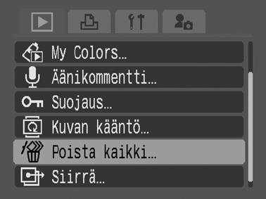 Kuvien suojaaminen Tärkeät kuvat ja elokuvat voidaan suojata tahattomalta poistamiselta. 1 (Käyttö) -valikko. Katso Valikot ja asetukset (s. 26).