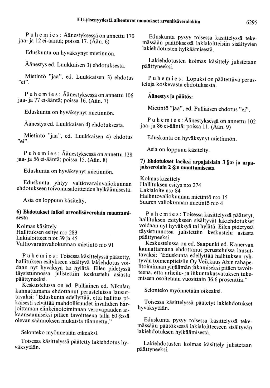 EU-jäsenyydestä aiheutuvat muutokset arvonlisäverolakiin 6295 P u h e m i e s : Äänestykses ä on annettu 170 jaa- ja 12 ei-ääntä; poissa 17. (Aän. 6) Eduskunta on hyväksynyt mietinnön. Äänestys ed.
