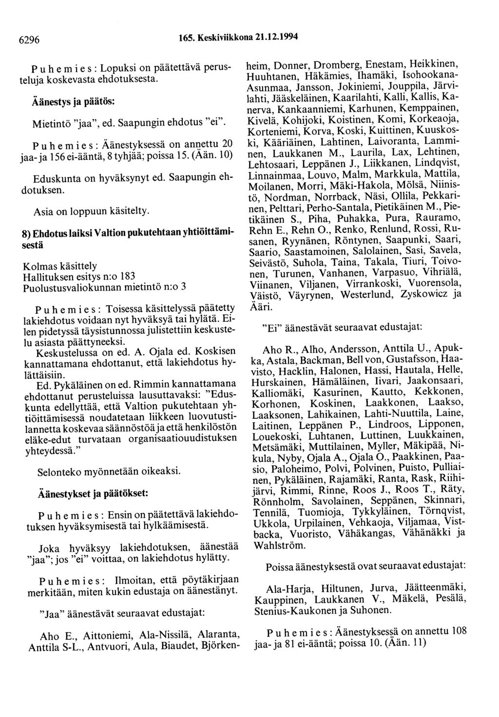 6296 165. Keskiviikkona 21.12.1994 P u h e m i e s : Lopuksi on päätettävä perusteluja koskevasta ehdotuksesta. Äänestys ja päätös: Mietintö "jaa", ed. Saapungin ehdotus "ei".