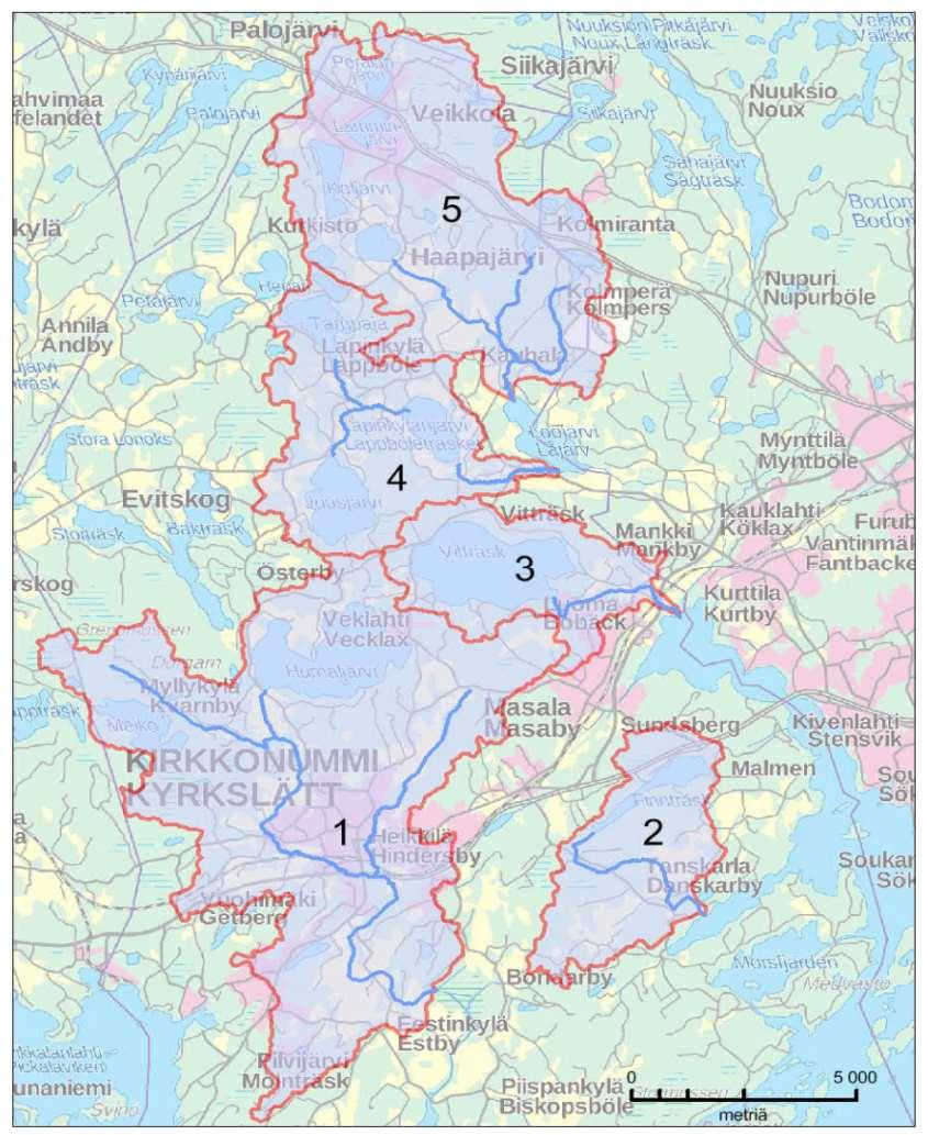 Selvityskohteet 1 Estbyånin valuma-alue 2 Finnträskin laskupuron valuma-alue 3