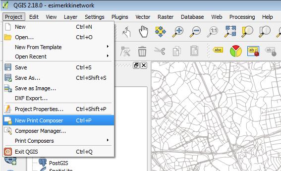 Karttaesityksen laadinta ja kuvaksi vieminen Lopuksi voit tehdä kartastasi lopullisen karttaesityksen Valitse QGIS:n oikeasta yläkulmasta Project -> New print Composer Anna composerille nimi ja paina