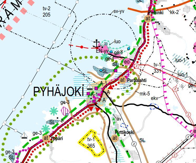 Kuva 2. Maakuntakaavojen yhdistelmäkartta 5.11.2018, jossa on esitetty lainvoimaisten Pohjois-Pohjanmaan maakuntakaavan (2006), Hanhikiven ydinvoimamaakuntakaavan (2010) sekä Pohjois-Pohjanmaan 1.