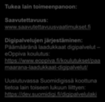 Saavutettavat julkiset palvelut Mahdollisuus viestiä viranomaisten kanssa digikanavassa Digitaalisten palveluiden suunnittelu- ja ylläpitovaatimukset Tukea lain toimeenpanoon: Saavutettavuus: